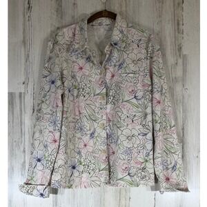 Floral Button Down Shirt Beige Pink Blue Botanical Sketch Print Linen Blend